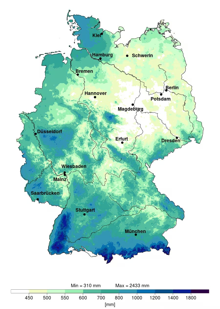 Karte der jährlichen Niederschläge in Deutschland im Jahr 2025